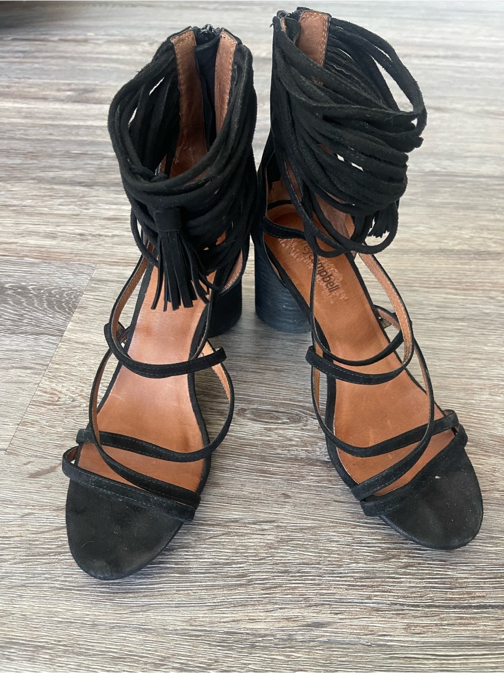 Jeffrey Campbell | Black Suede Fringe Despina Block Heel Sandals Size 8